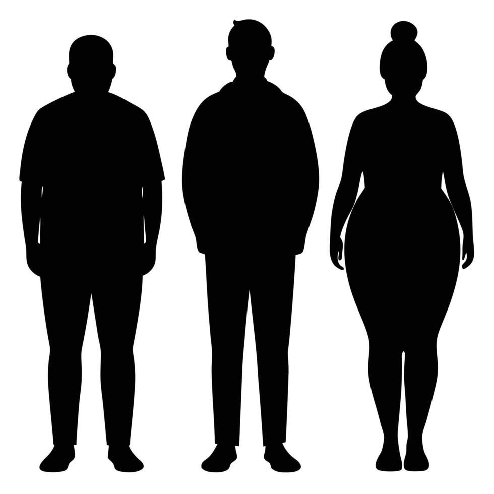 Black silhouettes depict a diverse group of overweight individuals standing together on a white background vector