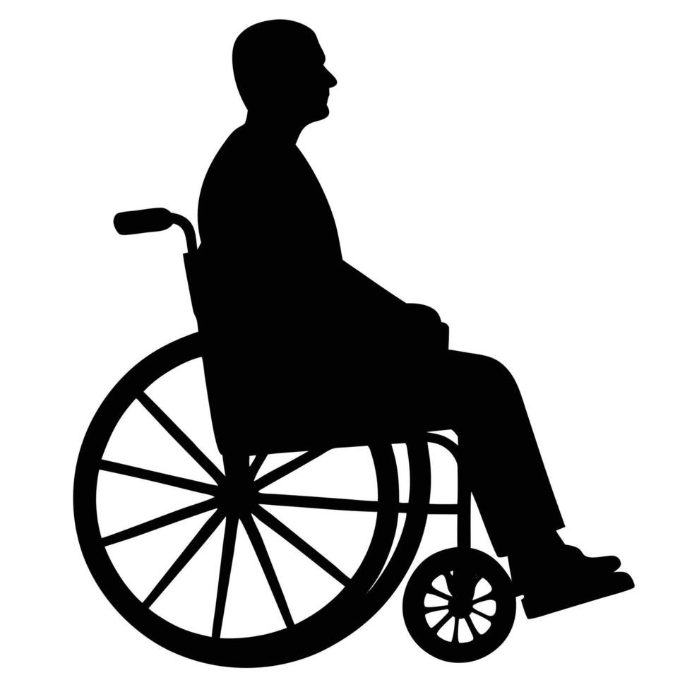 Man sits in a wheelchair, the entire depicted as a solid black silhouette vector