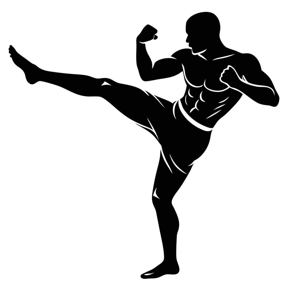 Silhouette of a strong man practicing a high kick for fitness and martial arts vector