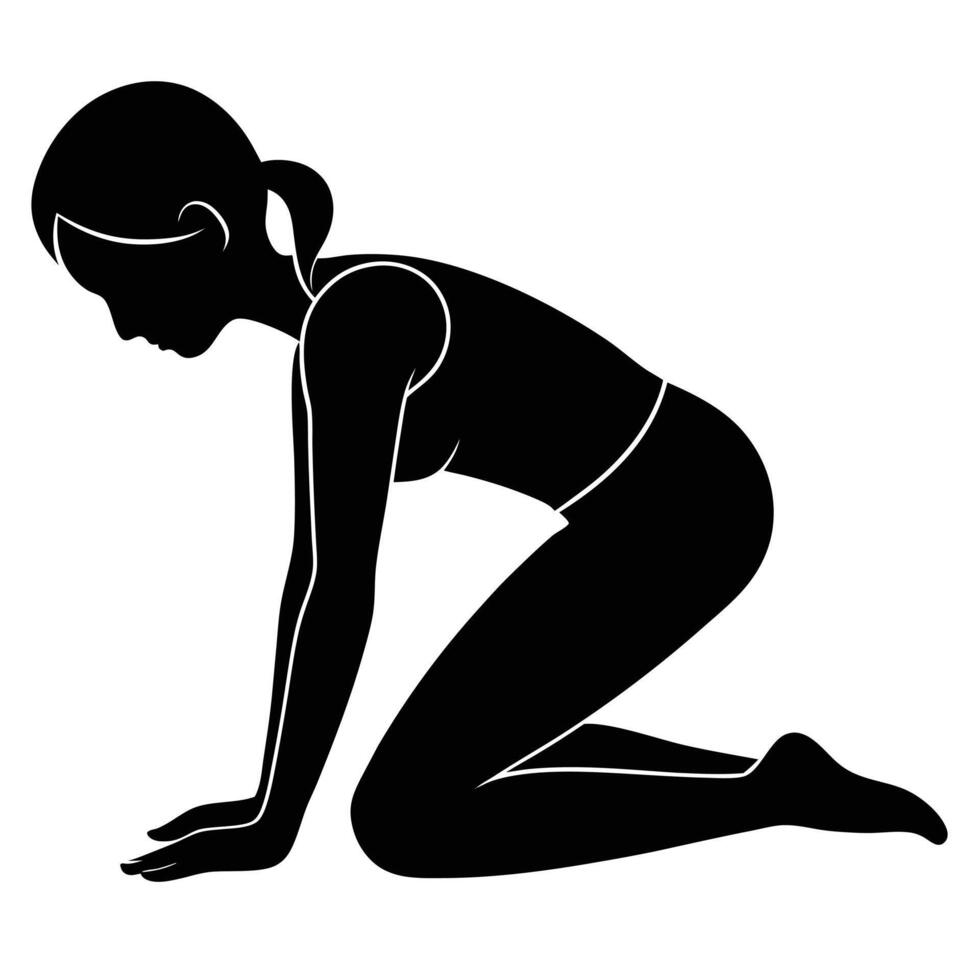 Silhouette depicts a young woman in a kneeling yoga pose, facing downward in peace vector