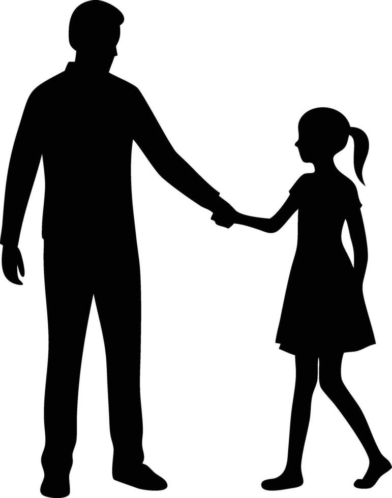 Silhouette shows an adult holding hands with a young girl while walking together vector