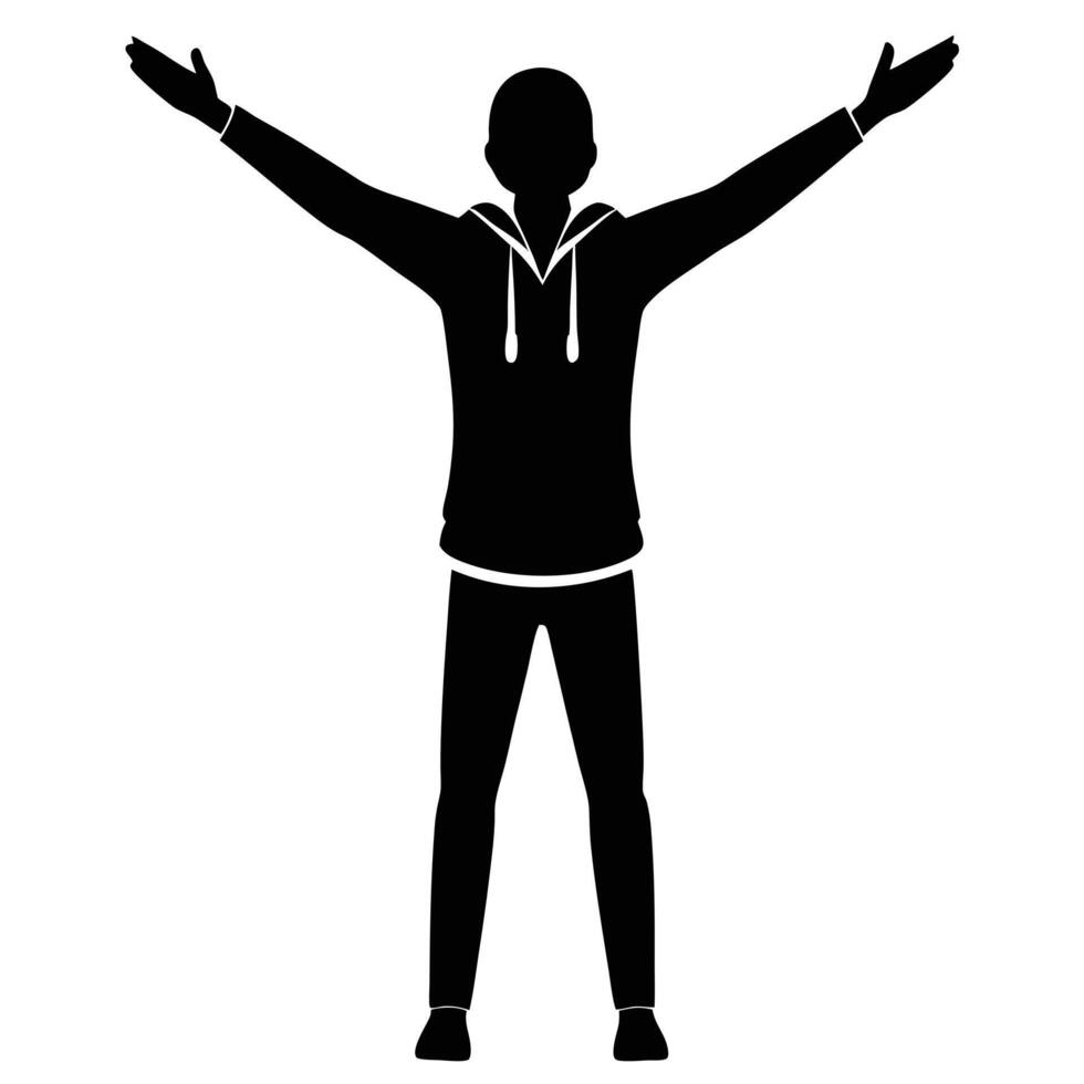 Black silhouette of a person in hoodie and pants with arms fully outstretched vector