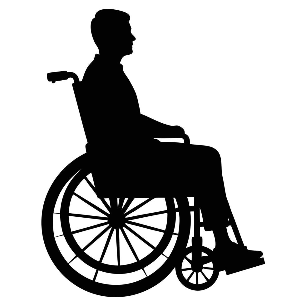 Silhouette shows Caucasian man using wheelchair, presenting strong contrast against the bright background vector