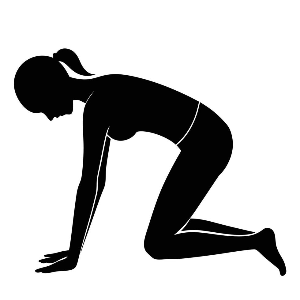 Silhouette shows woman doing yoga pose, looking down with ponytail visible on white vector
