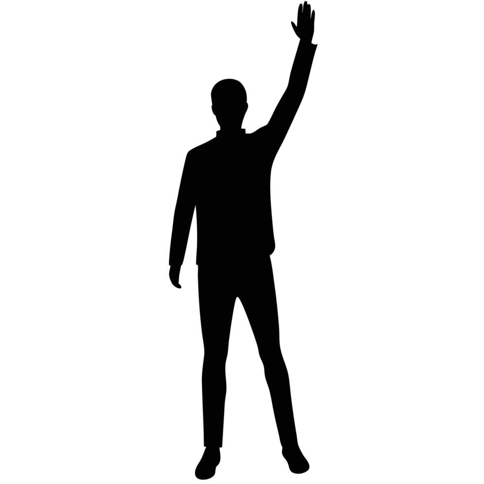 Silhouette of a man stands with one arm raised high above his head vector