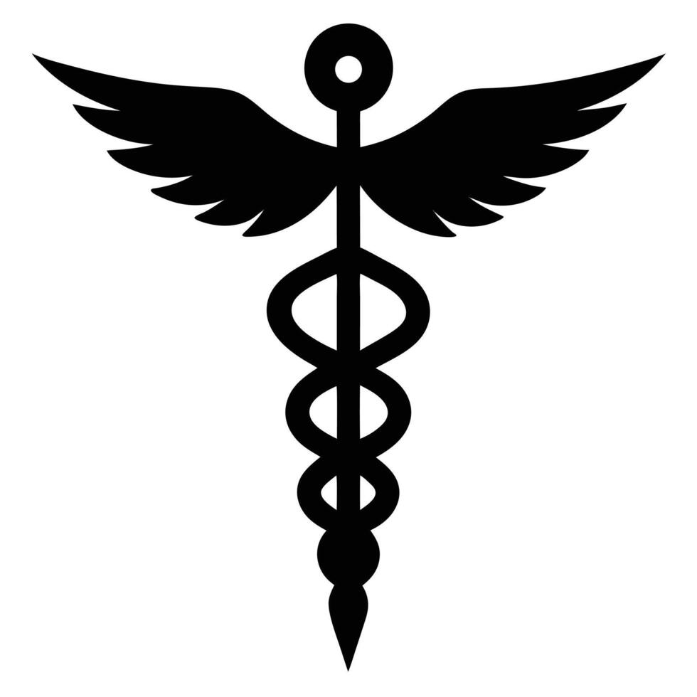 Black caduceus symbol features two snakes entwined around a staff and wings in silhouette vector