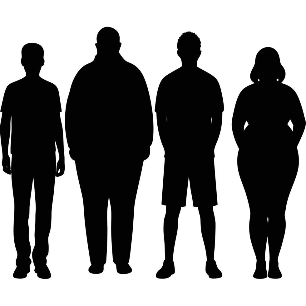 Diverse group showing various body sizes are standing in silhouette against a white background vector