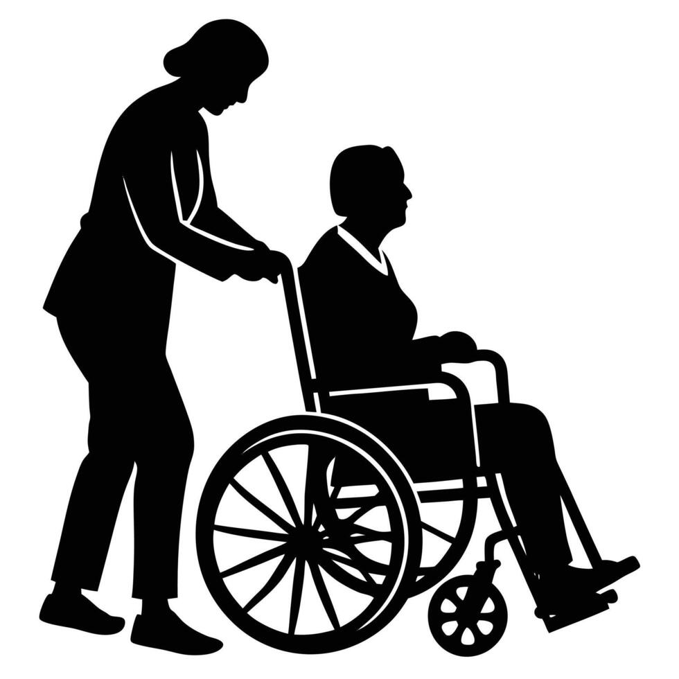 Silhouette shows caring woman assisting senior woman in wheelchair for accessible transportation needs vector