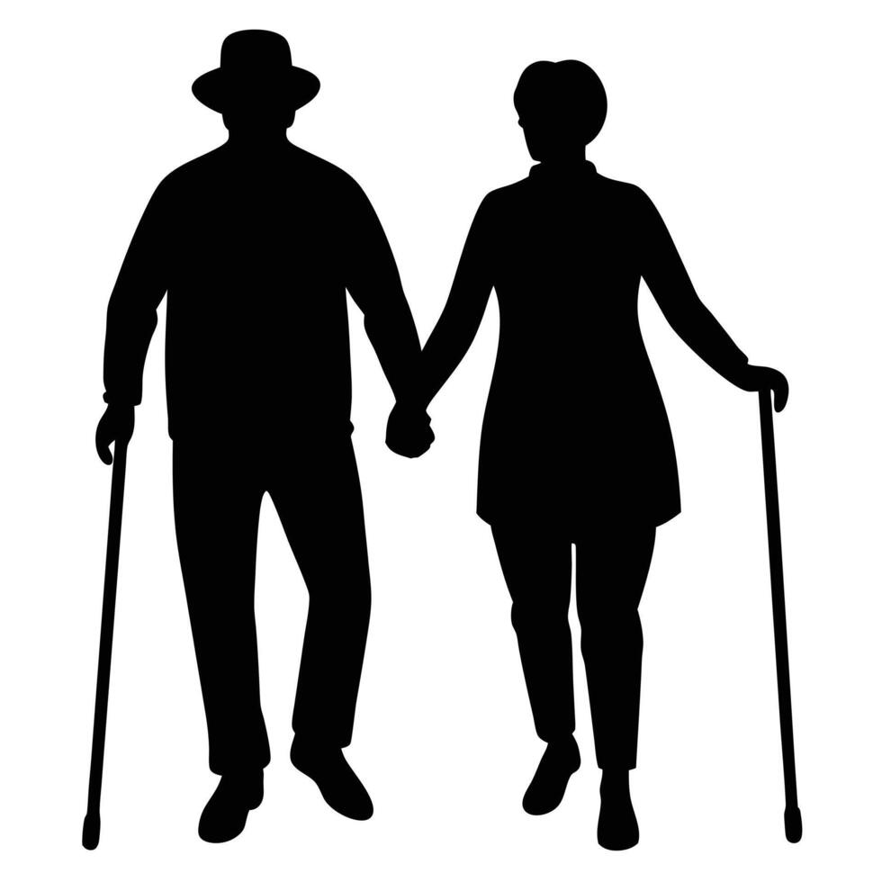 Senior couple silhouette gently walks hand in hand, aided by canes, showing commitment vector