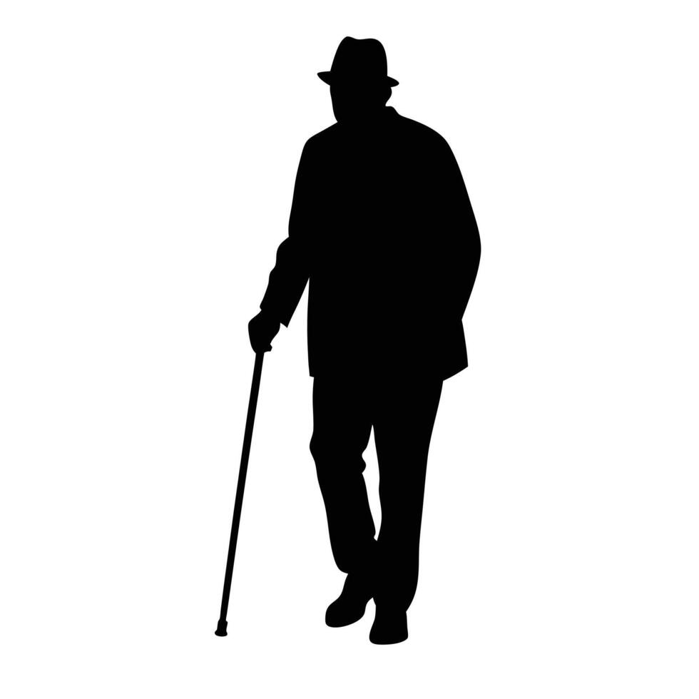 Shadowy silhouette depicts an elderly man strolling with a cane, wearing a hat vector