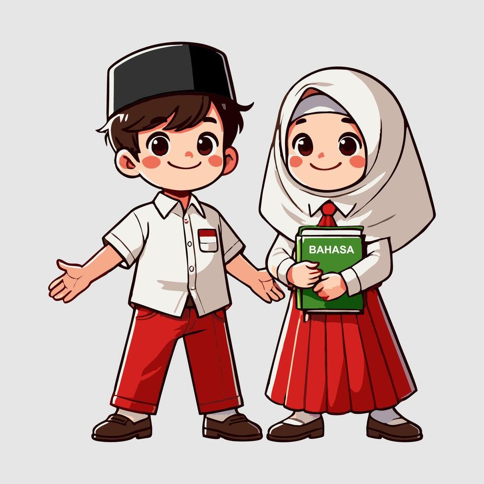 Girls and Boys learn to wear Indonesian elementary school uniforms vector
