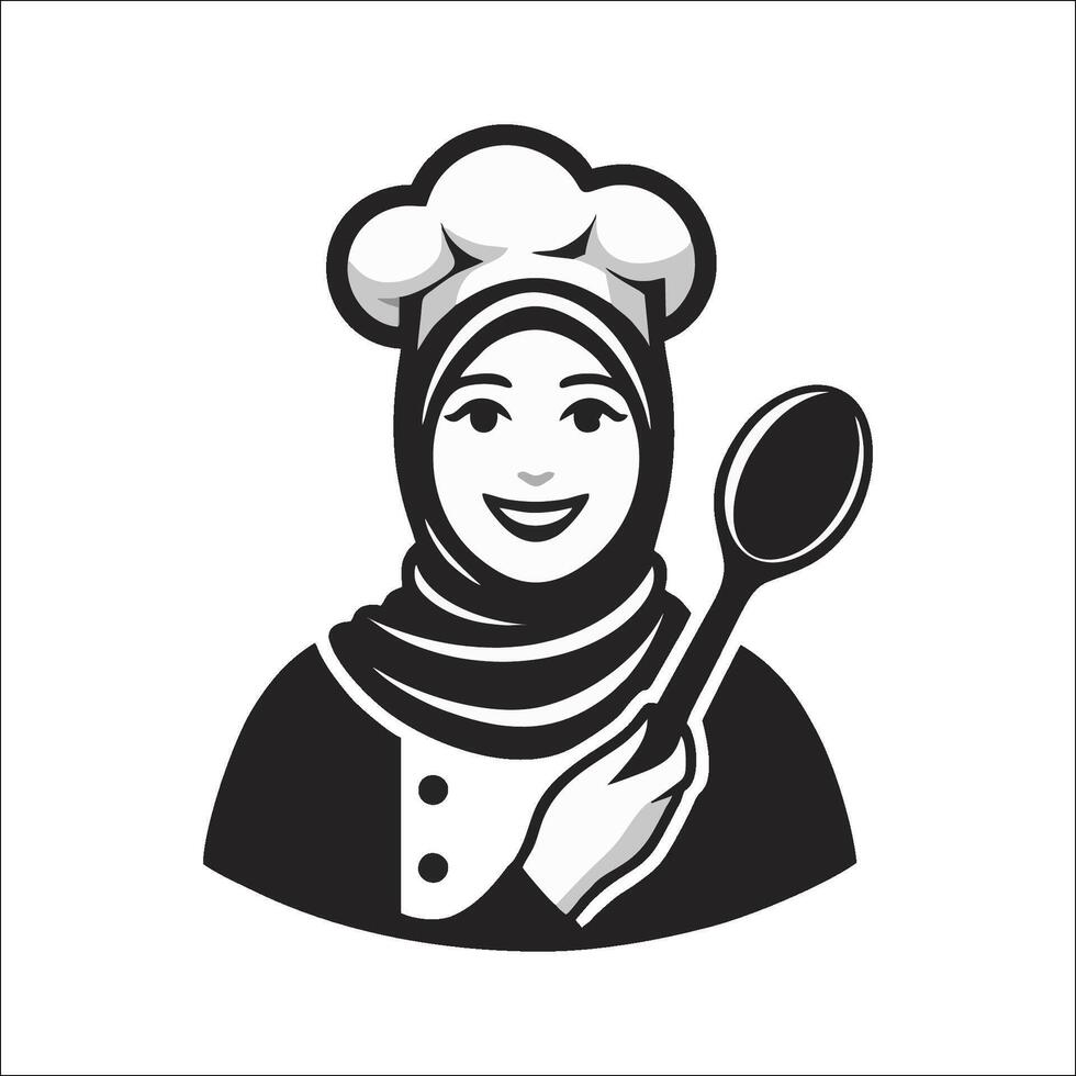 Female chef silhouette logo bierhijab holding spoon vector