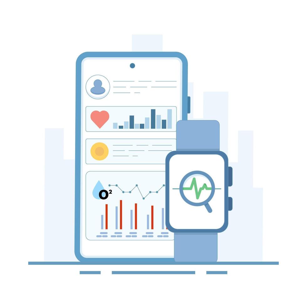 Health technology device concept. monitoring health and improving healthcare insights. smart watch and fitness tracker working with mobile app. Flat design illustration on background. vector