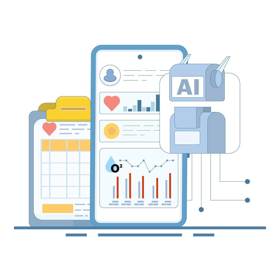 Smart watch and health tracker concept. AI based diagnostics. Algorithms analyzing health data. Medical insights in healthcare. Flat cartoon design illustration in the background. vector