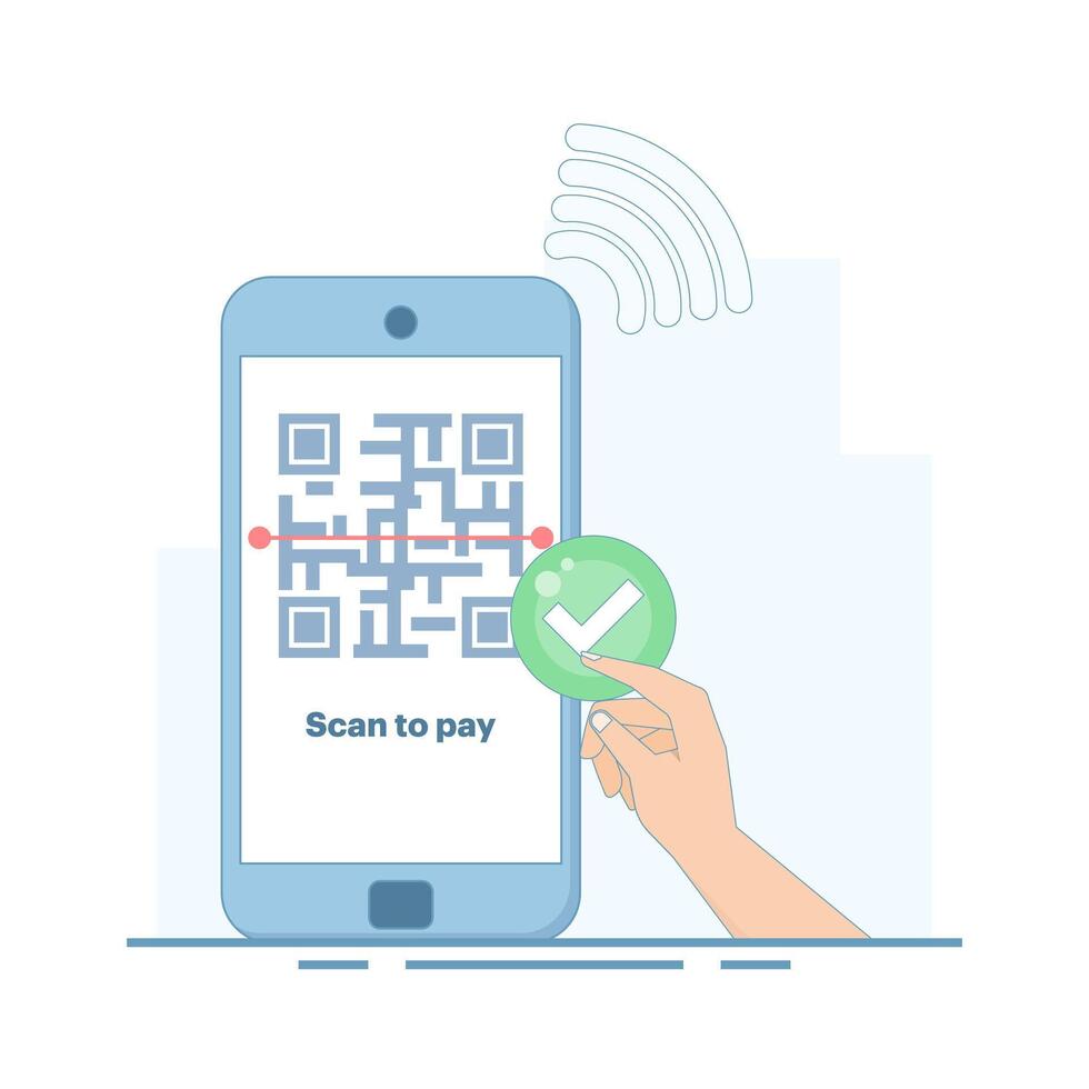 Payment concept using QR. Secure transaction. QR code payment integration for contactless payment and mobile payment. QR code for easy ordering and payment. Flat design illustration. vector