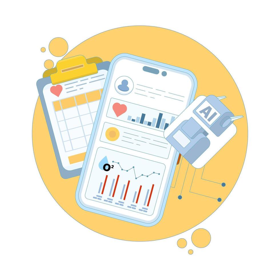 Smart watch and health tracker concept. AI based diagnostics. Algorithms analyzing health data. Medical insights in healthcare. Flat design illustration on background. vector