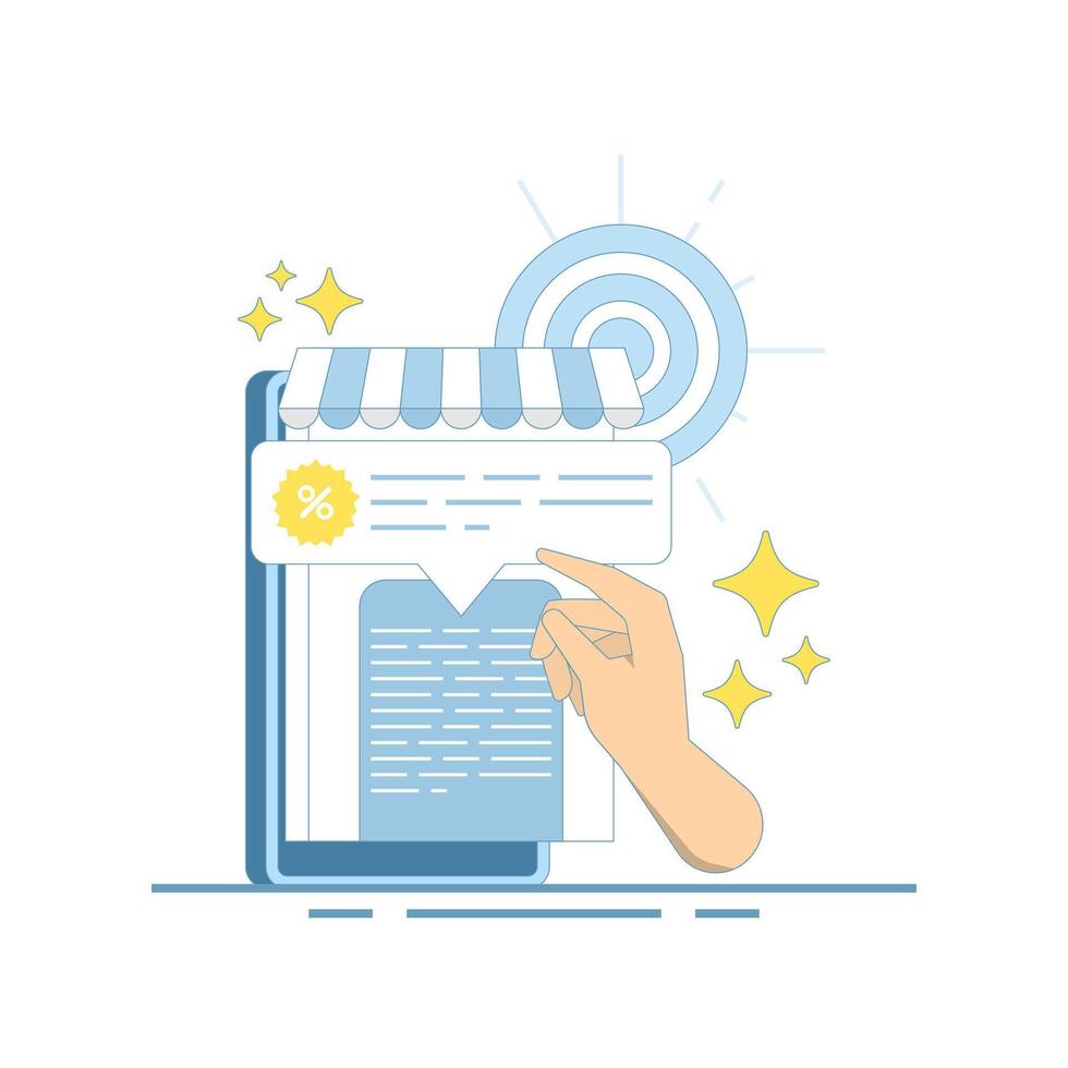 Local business e-commerce marketing concept, audience targeting and store sales advertising. Retail promotion strategy with customer engagement in personalized discount offers. flat design vector