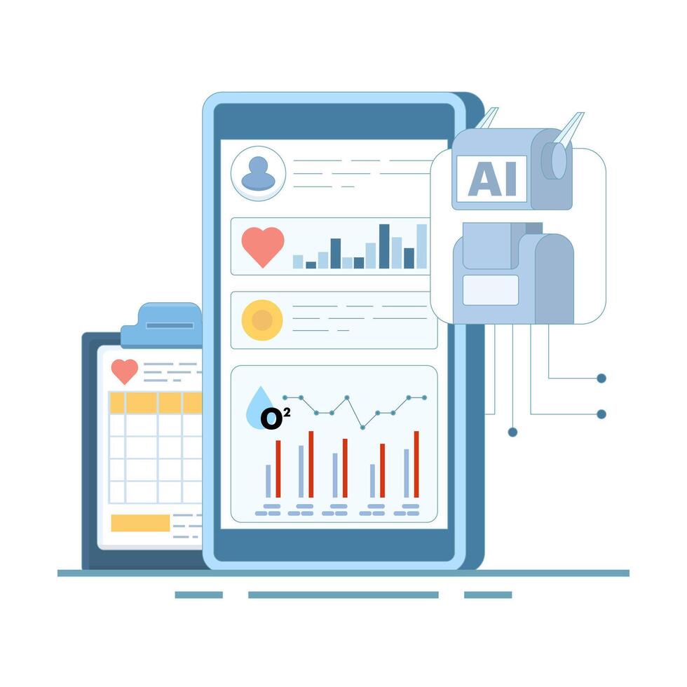 Smart watch and health tracker concept. AI-based diagnostics. Algorithms analyzing health data. Medical insights in healthcare. Flat modern design illustration in the background. vector