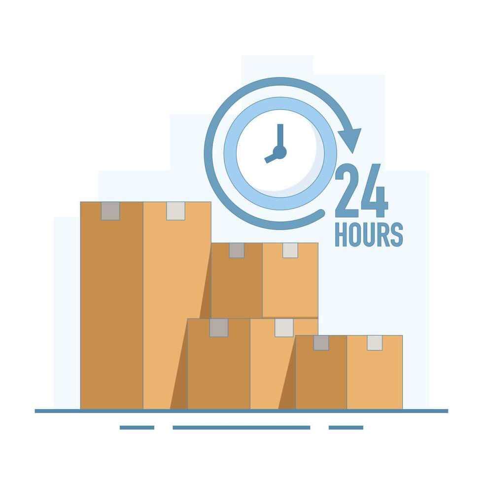 24 Hours Delivery Concept. Delivery Box with Timer. 24 hours clock with arrows. 24 hours fast delivery. Delivery for online shopping. Illustration Design vector