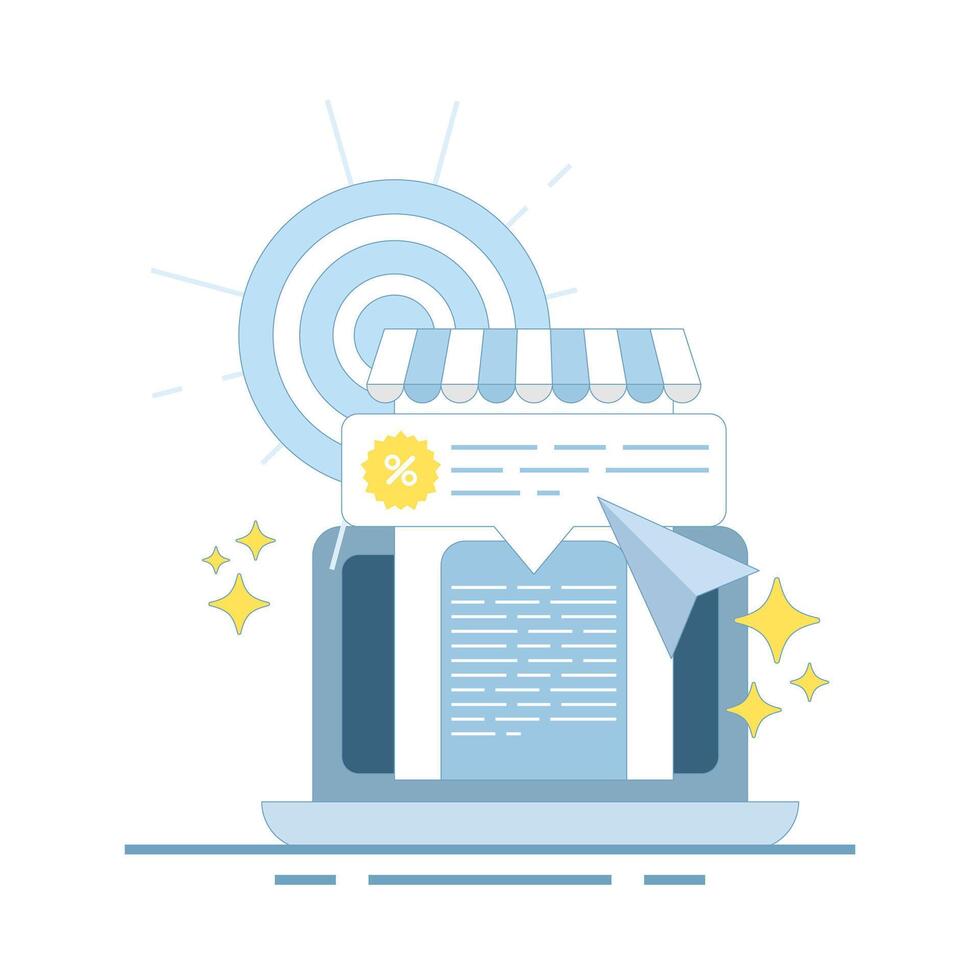 Local business e-commerce marketing concept, audience targeting and store sales advertising. Retail promotion strategy with customer engagement in personalized discount offers. Flat illustration vector
