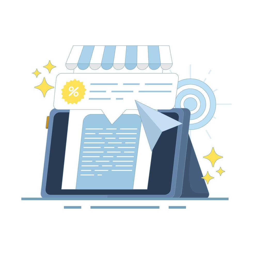 Local business e-commerce marketing concept, audience targeting and store sale advertising. Retail promotion strategy with customer engagement in personalized discount offers. Design illustration vector