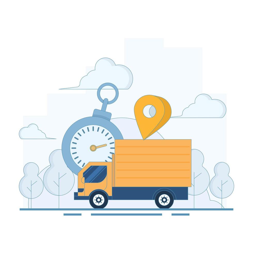 Fast Delivery Concept. Delivery Truck with Stopwatch and Location Symbol. fast and safe delivery. Package delivery with fast response. Illustration Design on background. vector
