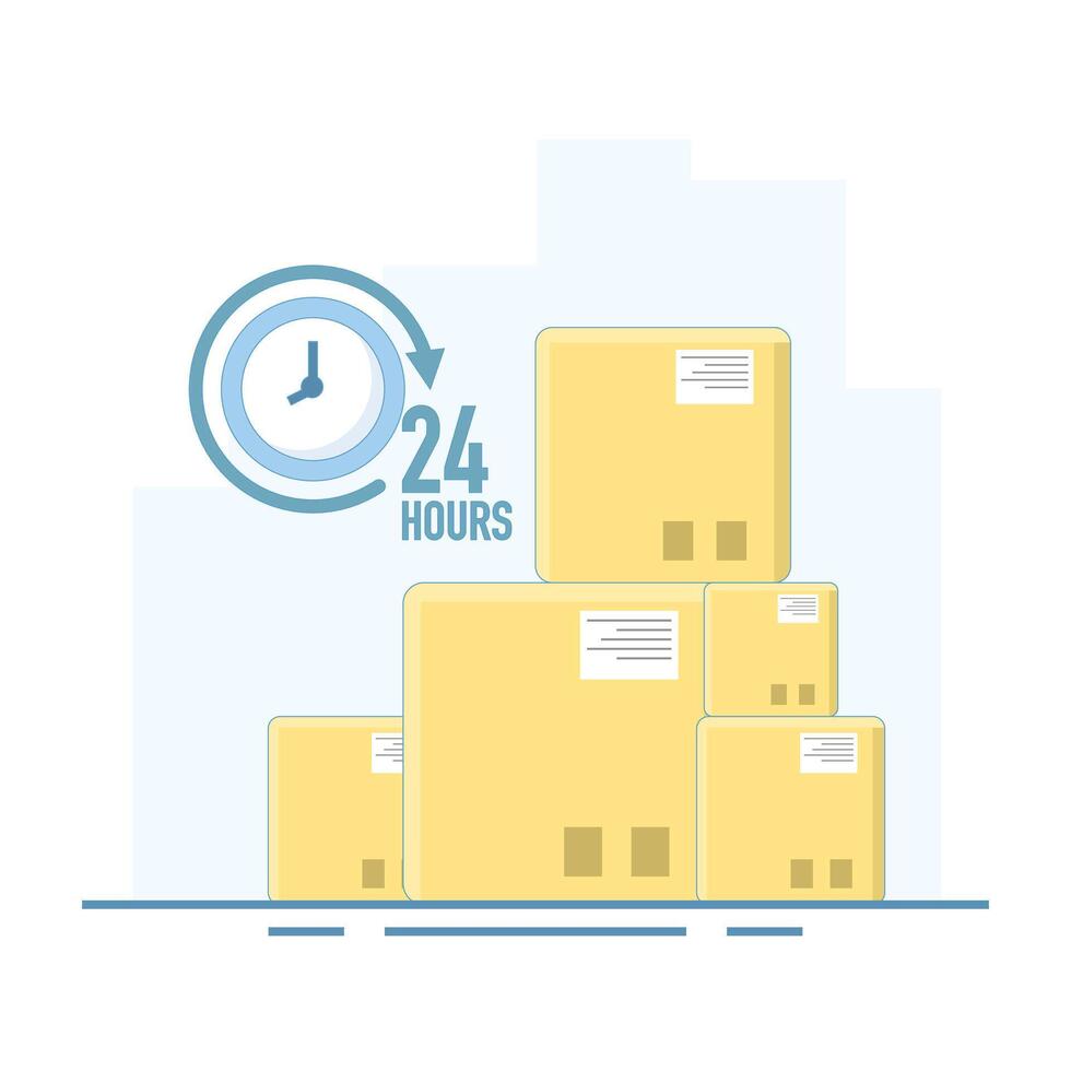 24 Hour Delivery Concept. Delivery Box with Timer. 24 hour clock with arrows. 24 hour fast delivery. Delivery for online shopping. Flat Illustration Design vector