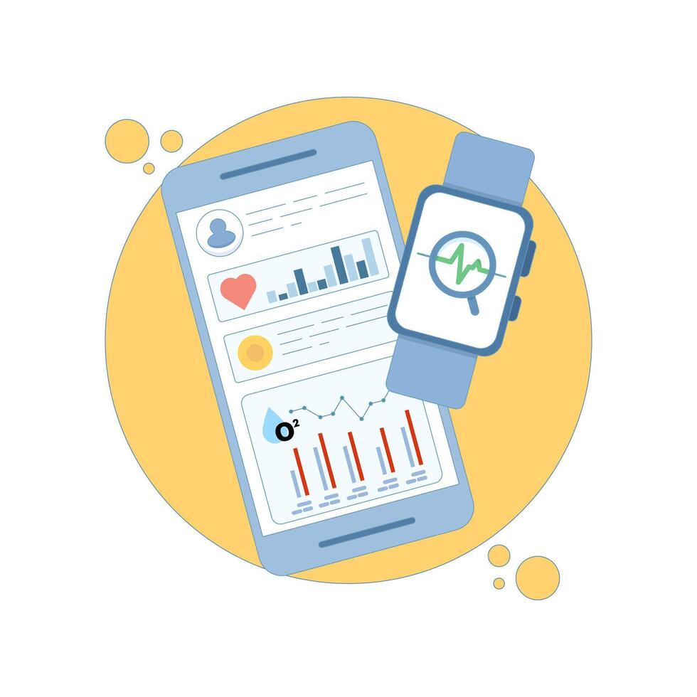 Health technology device concept. monitoring health and improving healthcare insights. smart watch and fitness tracker working with mobile app. Design illustration on background. vector