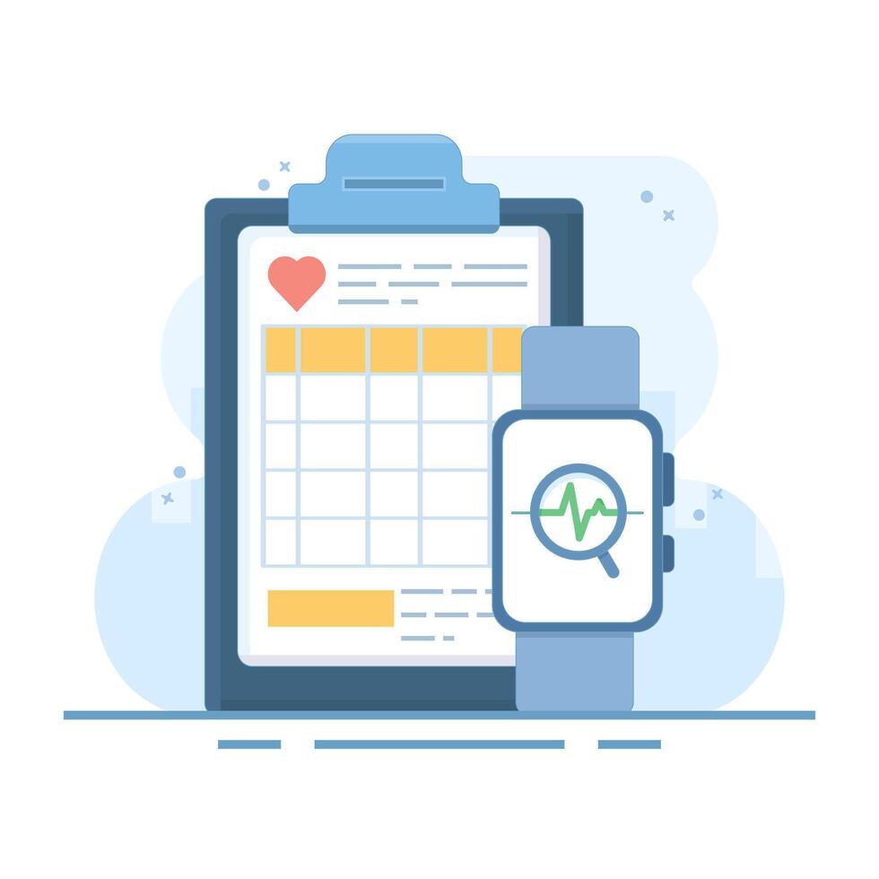 Healthcare Technology Concept. Wearables, personalization with diagnostics, telemedicine improve patient accessibility outcomes during treatment. Flat cartoon design illustration on background. vector