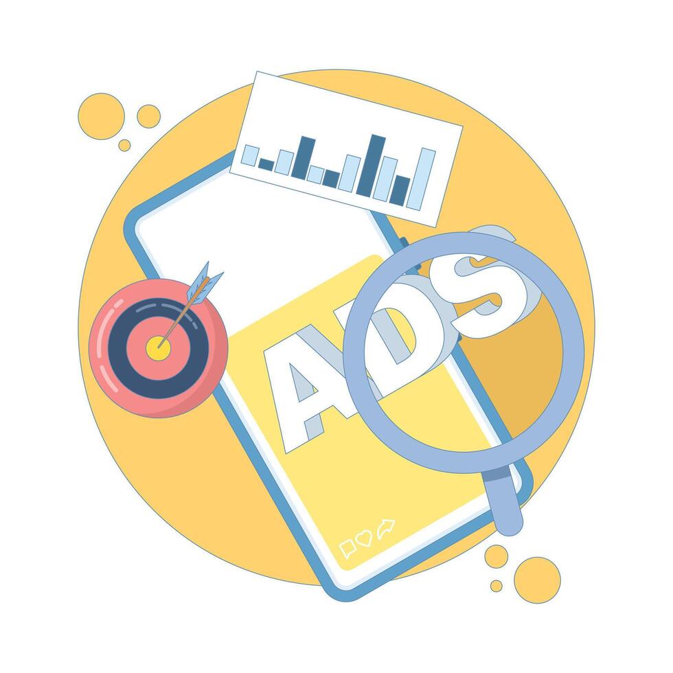 Mobile advertising strategy concept. native advertising and programmatic targeting for mobile devices. Advertising campaign. optimized mobile advertising. Flat design illustration in the background. vector