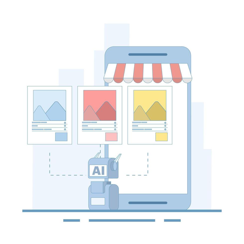 AI-powered chatbot concept for personalized shopping, enhanced customer experience, personalized product recommendations and e-commerce support. Flat design illustration. vector