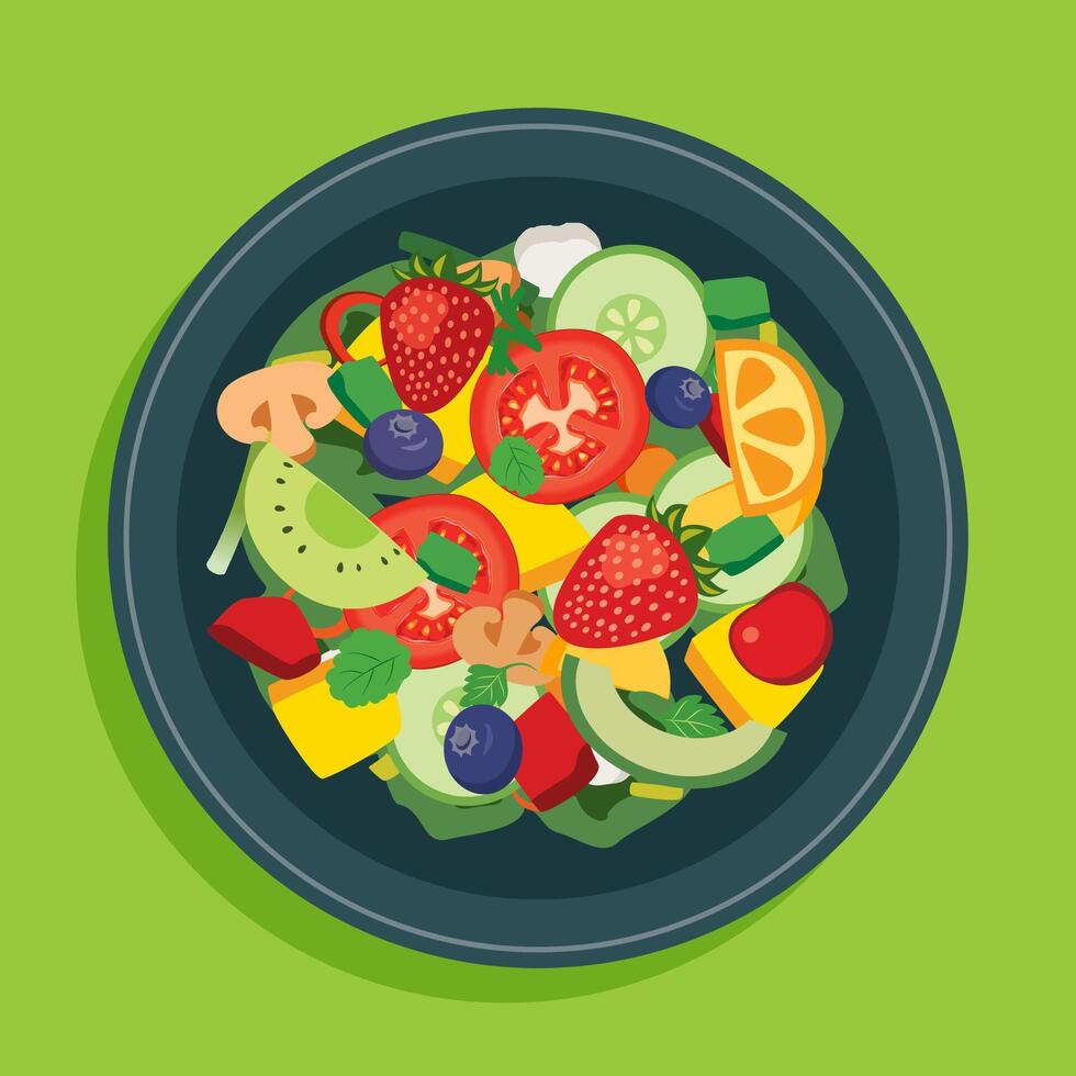 Fruit salad and vegetable in bowl on green background. vector