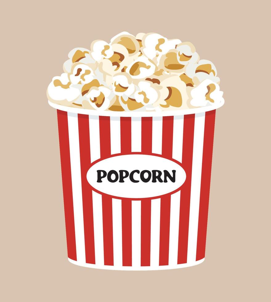 Popcorn in striped bucket fast food for watching cinema. vector