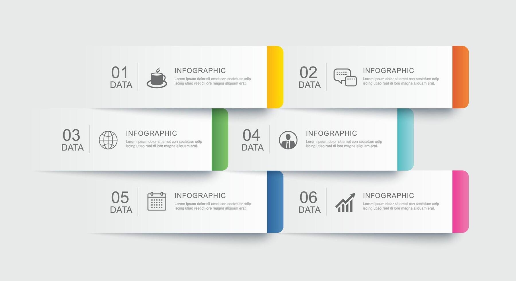 6 data infographics paper index template. Illustration abstract background. vector