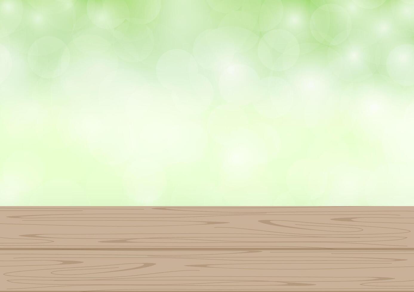 empty wood plank on bokeh light green background for product display, blank wooden table montage on bright bokeh green nature copy space, desktop counter wood board, front view of wooden surface desk vector