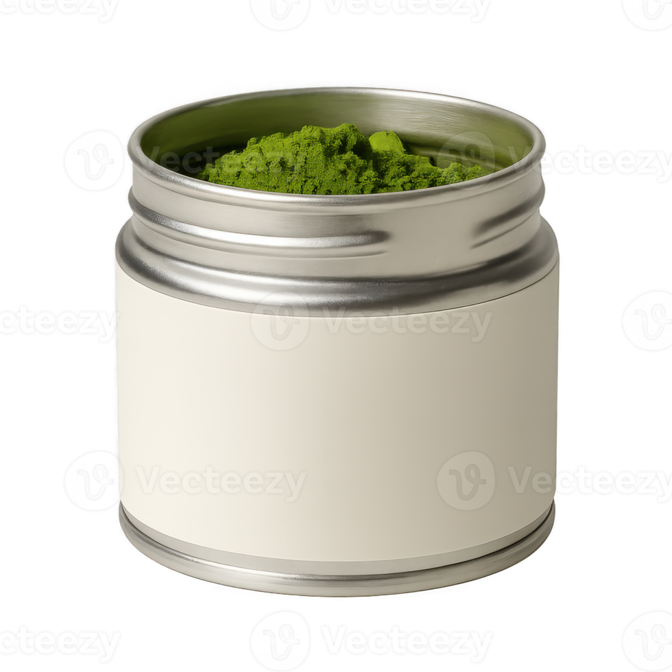 Small round metal tin filled with vibrant green matcha powder, blank off-white label on the body, open top view revealing smooth surface of the powder png