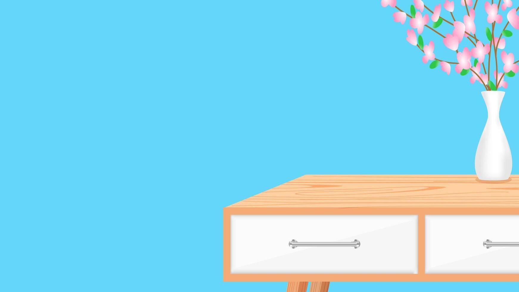 empty wooden desk on blue room background closeup, modern wood table in blank blue wall room, table wood decoration room interior, office room modern art style wood furniture and copy space front view vector