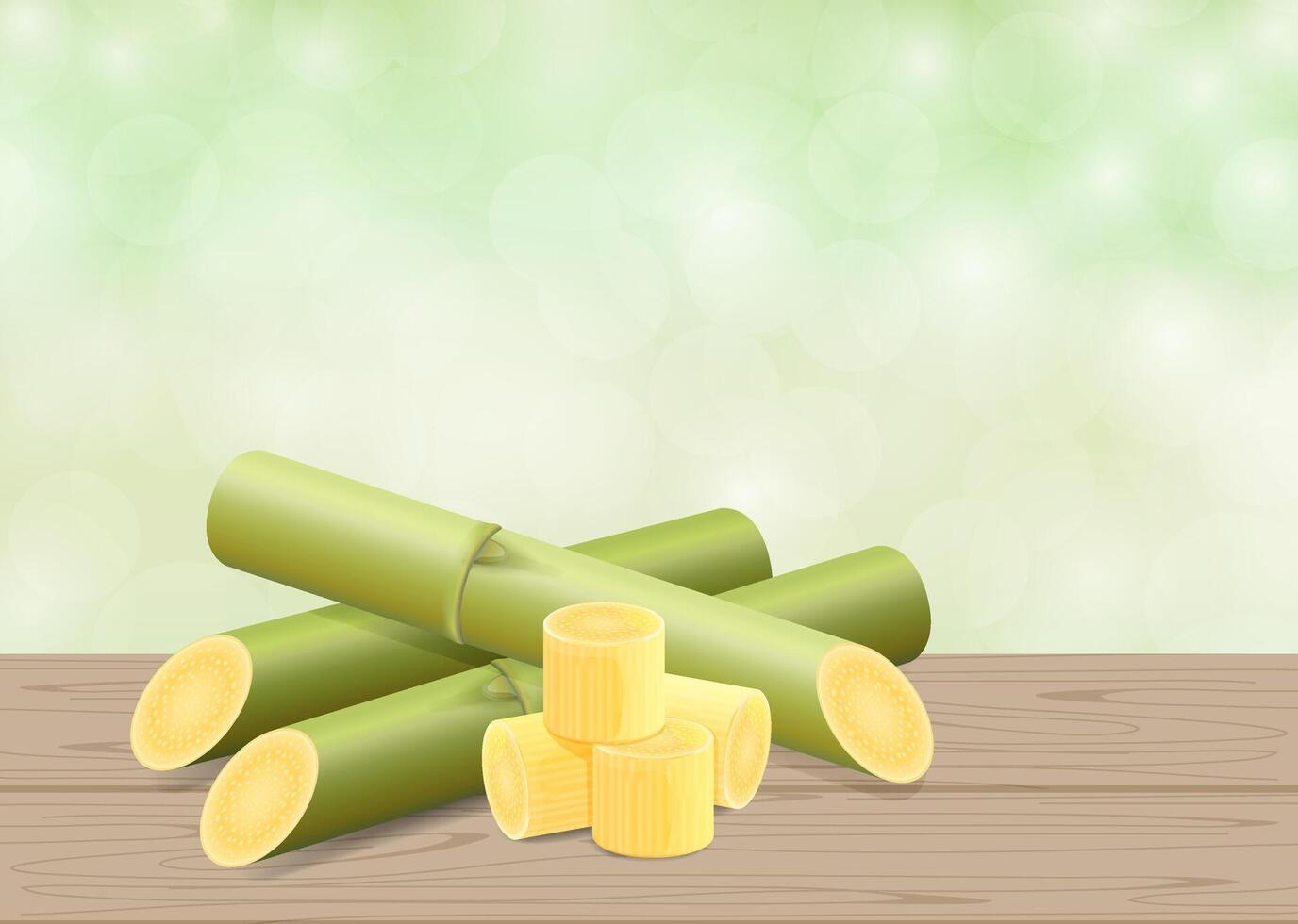 Sugar Cane, Cane on Wood Table and green soft Bokeh Nature Background, Pieces of Fresh Sugarcane, Sugar Cane Cut on Wooden Plank and Natural Background vector