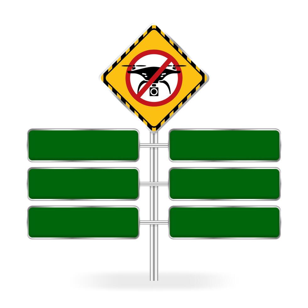No drone zone Warning sign and Green sign boards template for copy space of text message, Flights with drone prohibited and sign boards plate direction, No drones Prohibition sign isolated on white vector