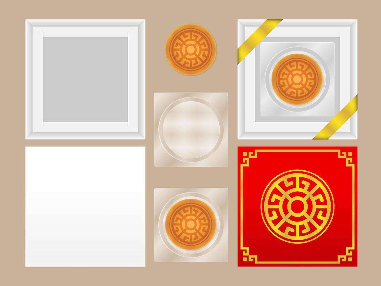 Chinese Moon Cake isolated on brown background with Box white and red, Plastic Tray, Inner Boxs for design package, set Packaging of Circle moon cake, Chinese traditional moon cake, Top view vector