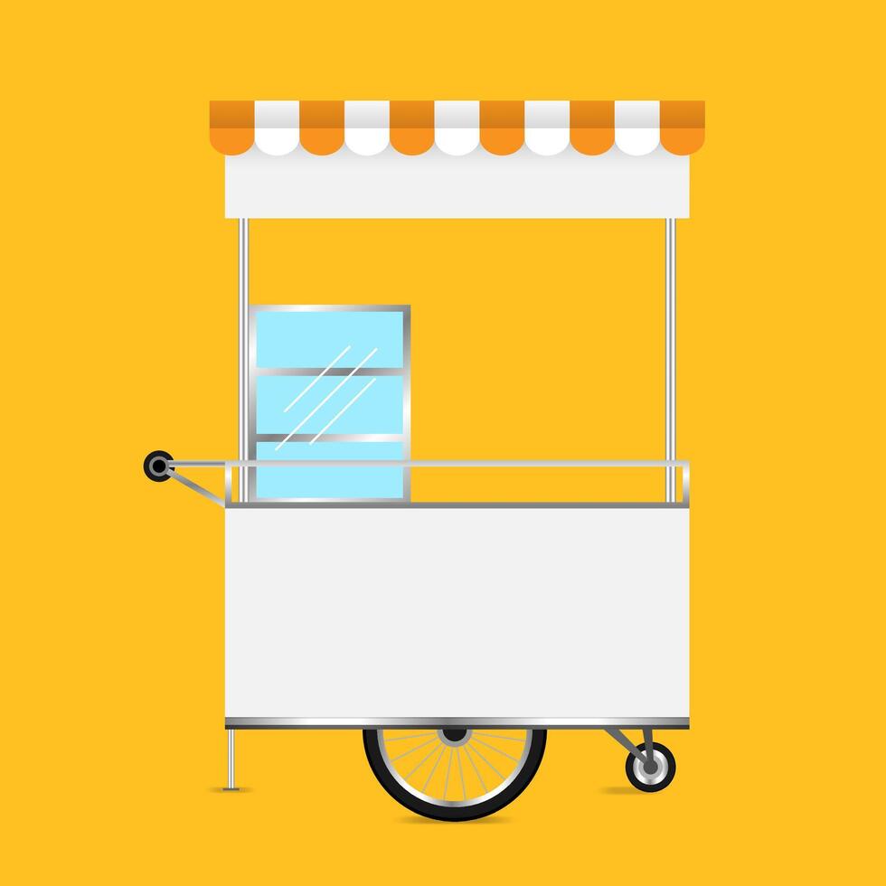 kiosk white, template blank of kiosk wheels cart stock, kiosk empty for design of market and exterior symbol, set of market food outdoor, wheels cart kiosk for business small shop, orange background vector