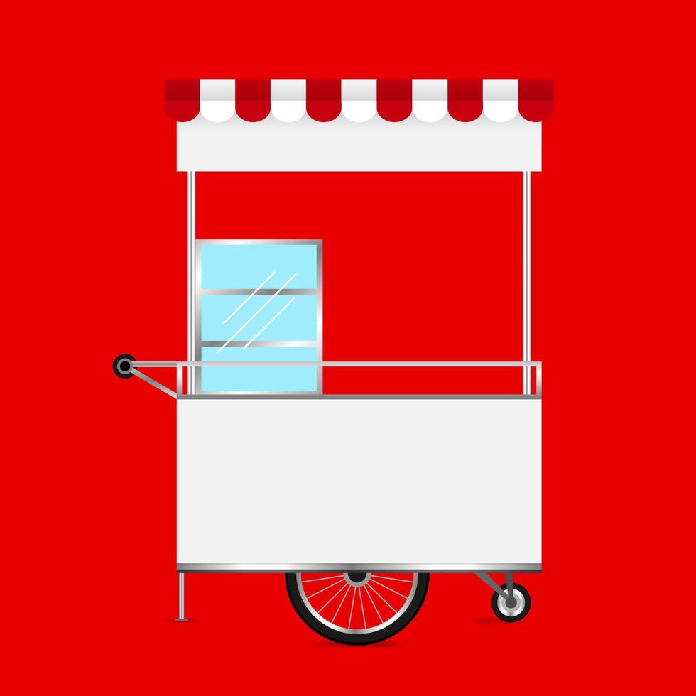 kiosk white, template blank of kiosk wheels cart stock, kiosk empty for design of market and exterior symbol, set of market food outdoor, wheels cart kiosk for business small shop, red background vector