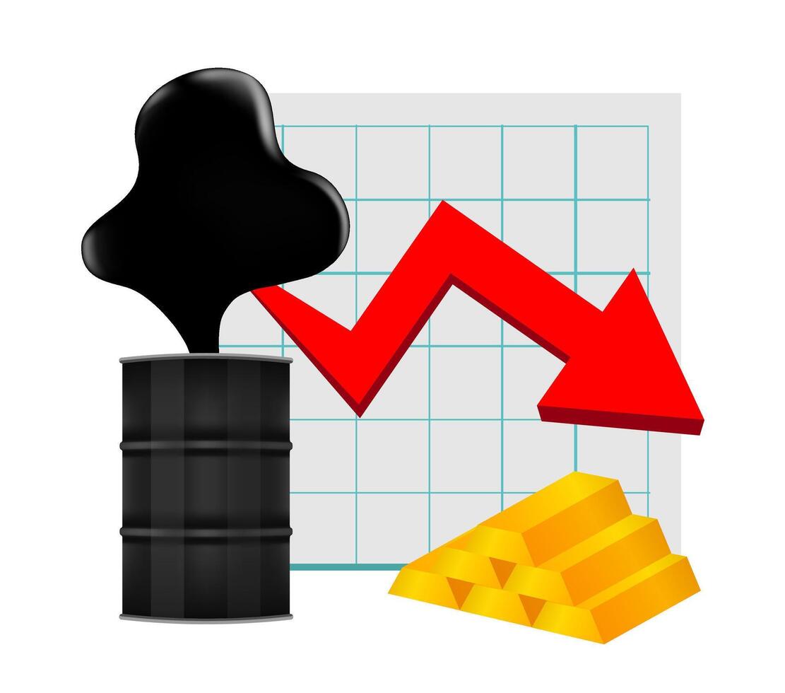 crude oil with falling graph and gold bar symbol red arrow isolated on white background, black crude oil drop and spill, icon of crude oil price decrease and petroleum oil industry concept vector