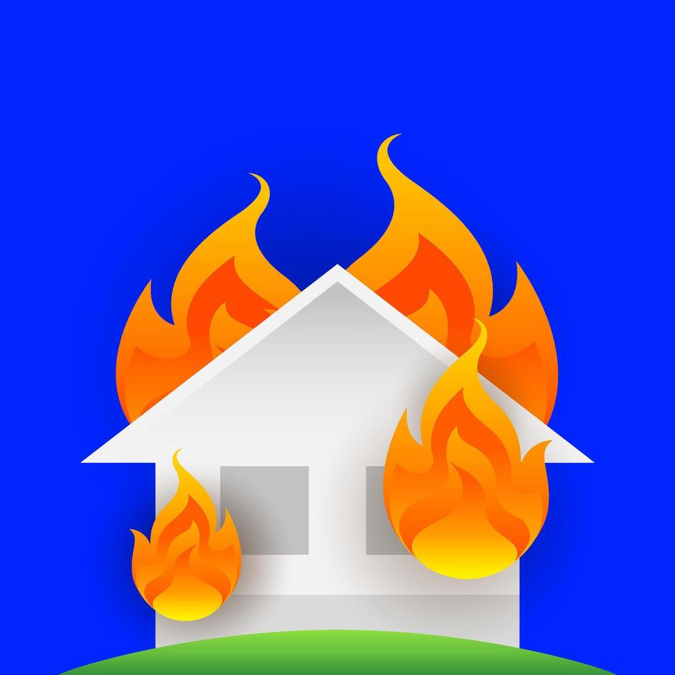 house fire burn, symbol fire home burn, flame accident, illustration icon danger of flame, house or building damage burn accident and insurance business concept isolated on blue background vector