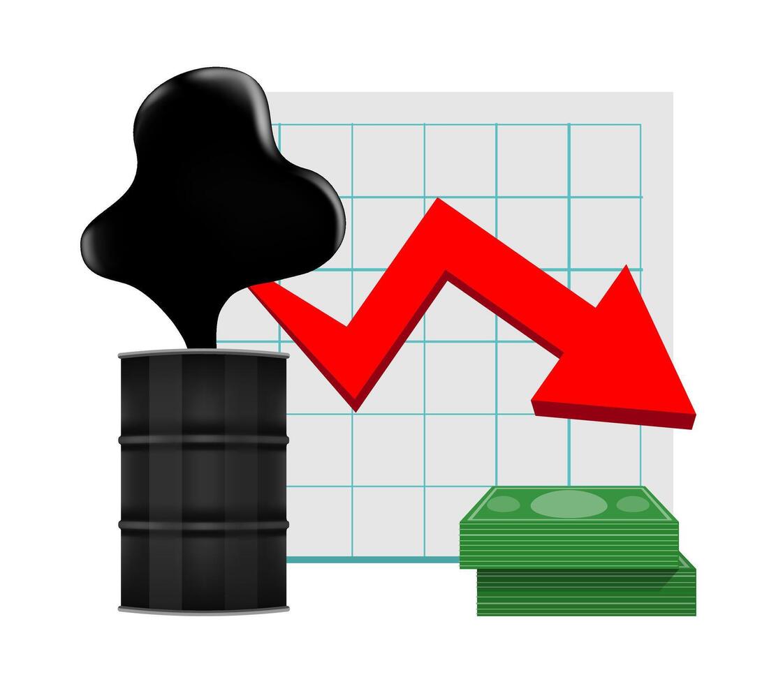 crude oil with falling graph and dollars symbol red arrow isolated on white background, black crude oil drop and spill, icon of crude oil price decrease and petroleum oil industry concept vector