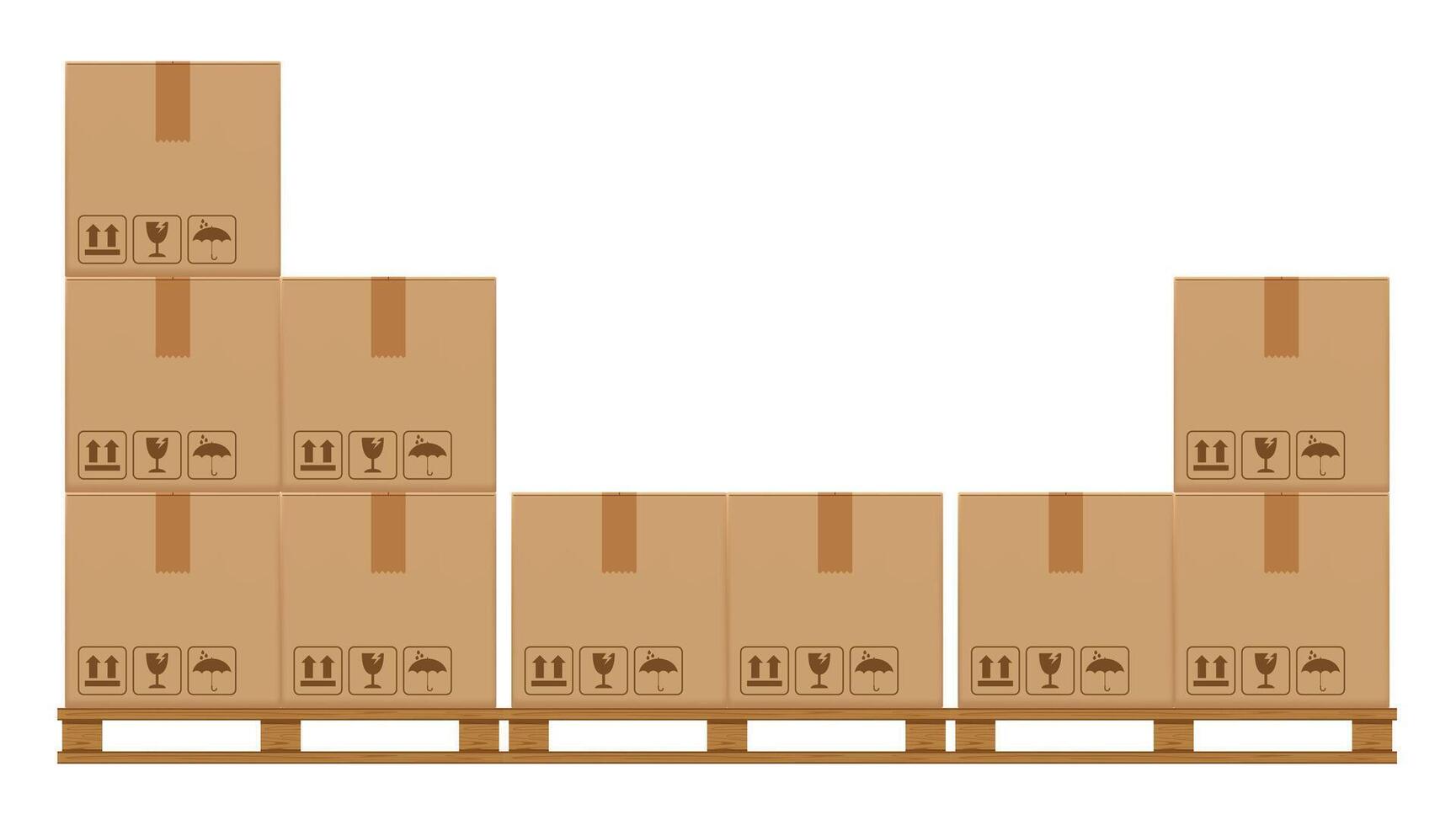 crate boxes on wooded pallet, wood pallet with cardboard box in factory warehouse storage, flat style warehouse cardboard parcel boxes stack, packaging cargo, 3d boxes brown vector