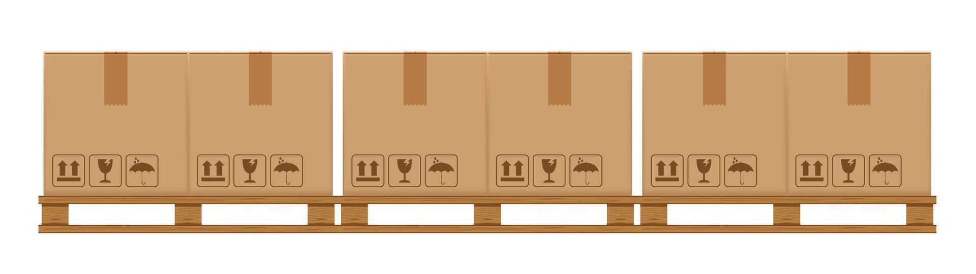crate boxes on wooded pallet, wood pallet with cardboard box in factory warehouse storage, flat style warehouse cardboard parcel boxes stack, packaging cargo, 3d boxes brown isolated on white vector