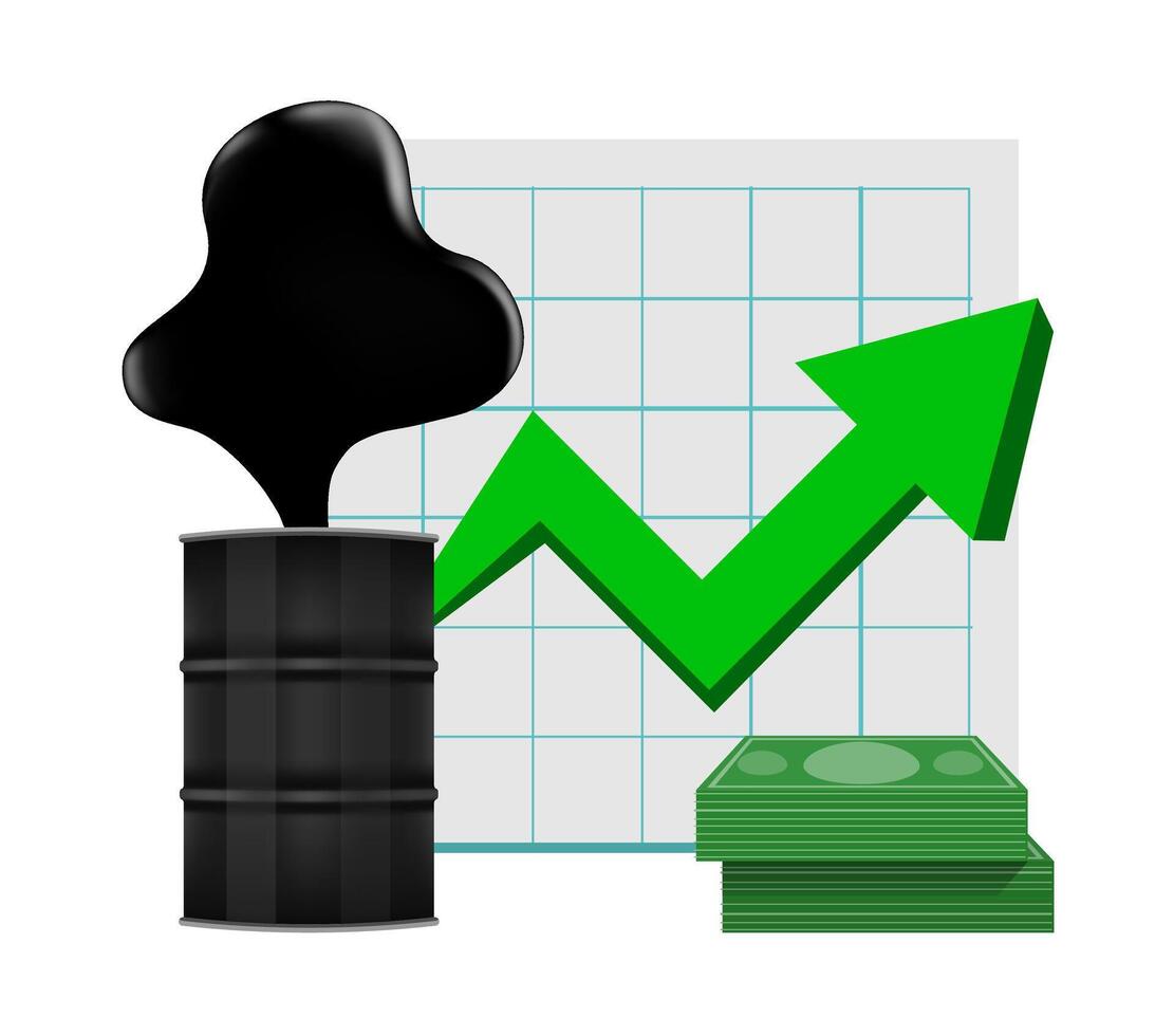 crude oil with pointing up graph and dollars symbol green arrow isolated on white background, black metal barrel, crude oil drop and spill, icon of crude oil price rise petroleum oil industry concept vector