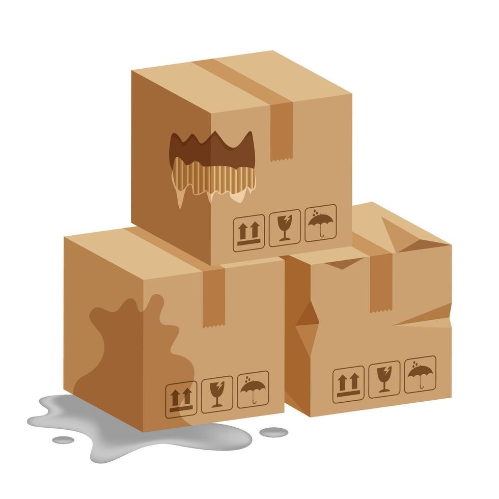 damaged crate boxes 3d, broken cardboard box, flat style cardboard parcel boxes wet, packaging cargo, isometric boxes torn, packaging box brown ripped, symbol carton box isolated white background vector