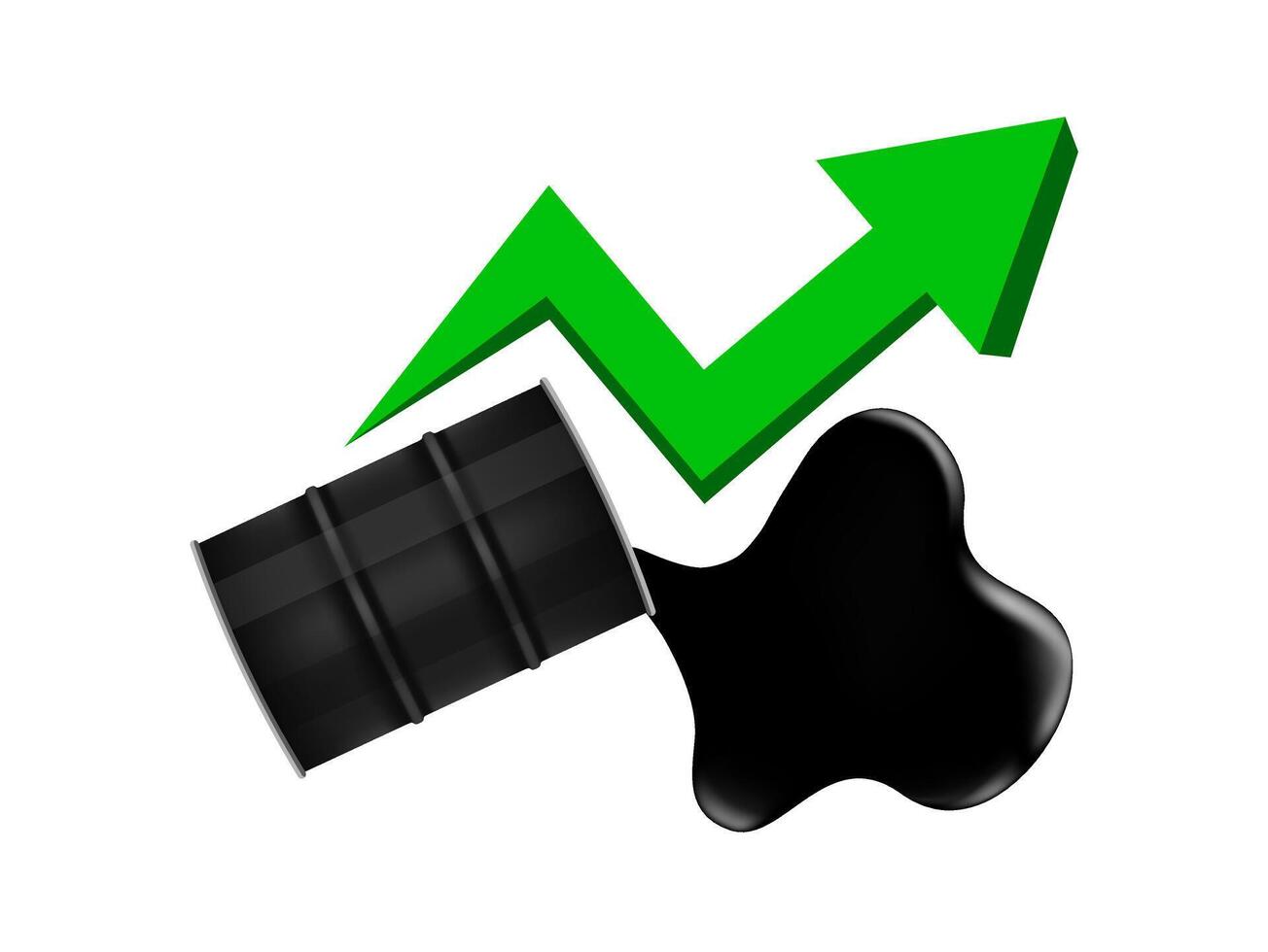 crude oil barrels with pointing up graph symbol green arrow isolated on white, black metal barrel and crude oil drop and spill, icon of crude oil price rise petroleum oil industry concept vector
